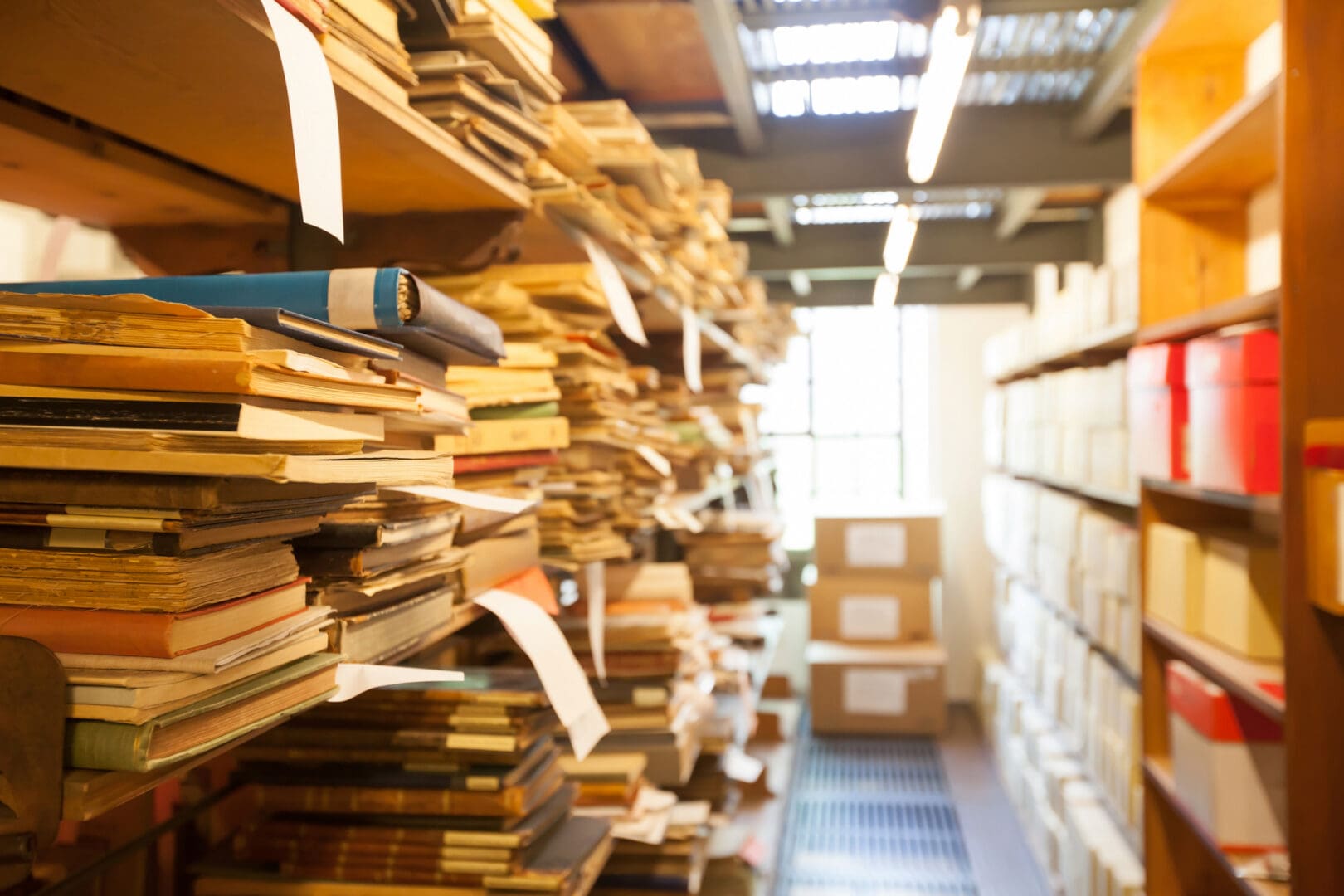 Stacks of books and documents on shelves.