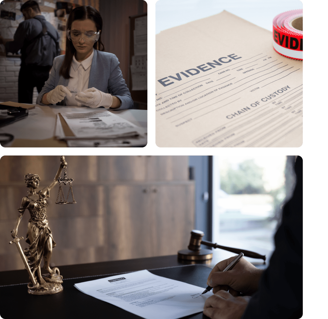 Detective reviewing evidence and legal documents.